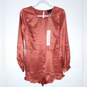 LUMIERE Rose Satin Long Sleeve Open Back Romper Ruffled Legs Womens Size M